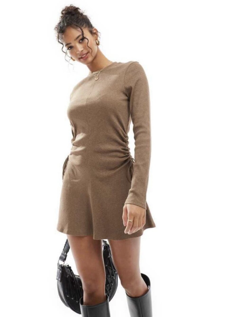 Women’s ASOS DESIGN ruched tie side rib mini dress in brown Long Sleeve  Size 4